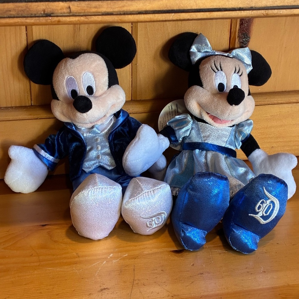 Disneyland 60th Anniversary Mickey and Minnie Blue and Silver Plush NWT